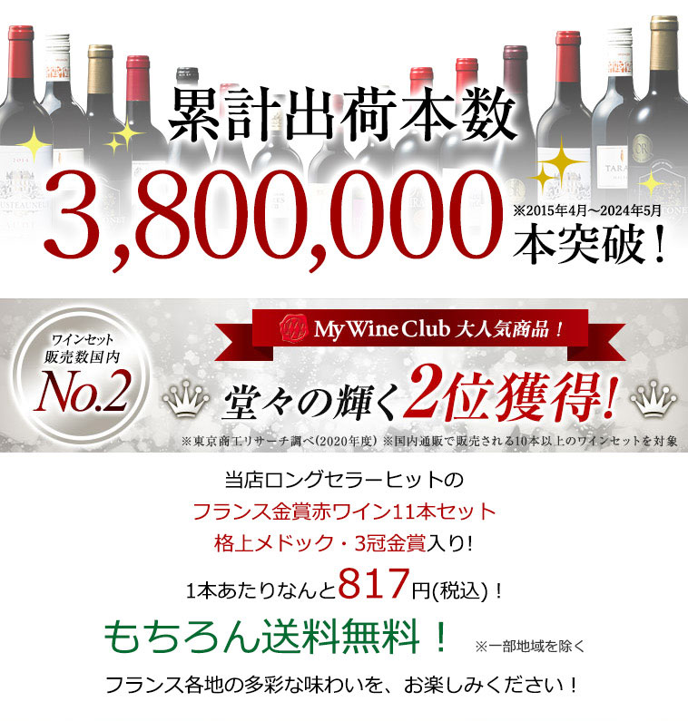 累計出荷本数3,800,000本突破！当店ロングセラーヒットのフランス金賞赤ワイン12本セット格上メドック・３冠金賞入り!1本あたりなんと817円(税込)！もちろん送料無料！ ※一部地域を除く　フランス各地の多彩な味わいを、お楽しみください！