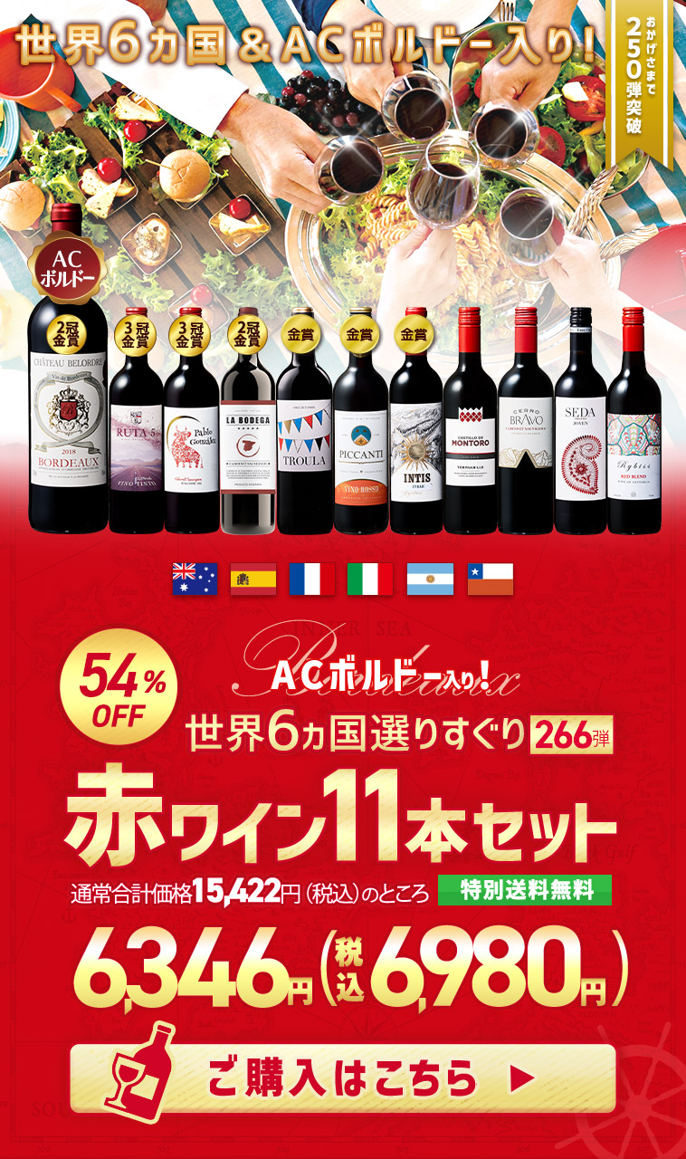 【特別送料無料】3大銘醸地入り!世界選りすぐり赤ワイン11本セット266弾