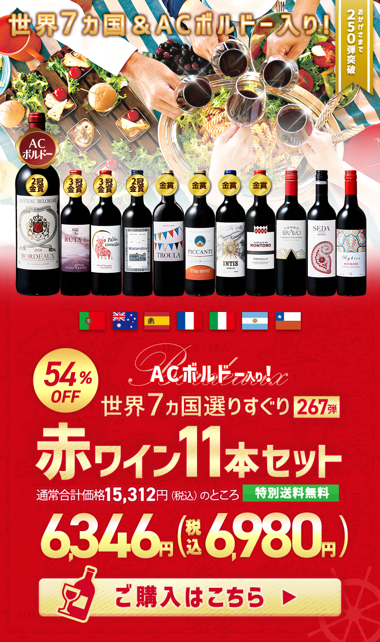 【特別送料無料】3大銘醸地入り!世界選りすぐり赤ワイン11本セット267弾