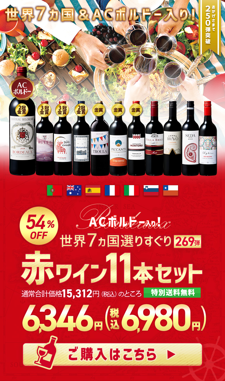 【特別送料無料】３大銘醸地入り！世界選りすぐり赤ワイン１１本セット267弾