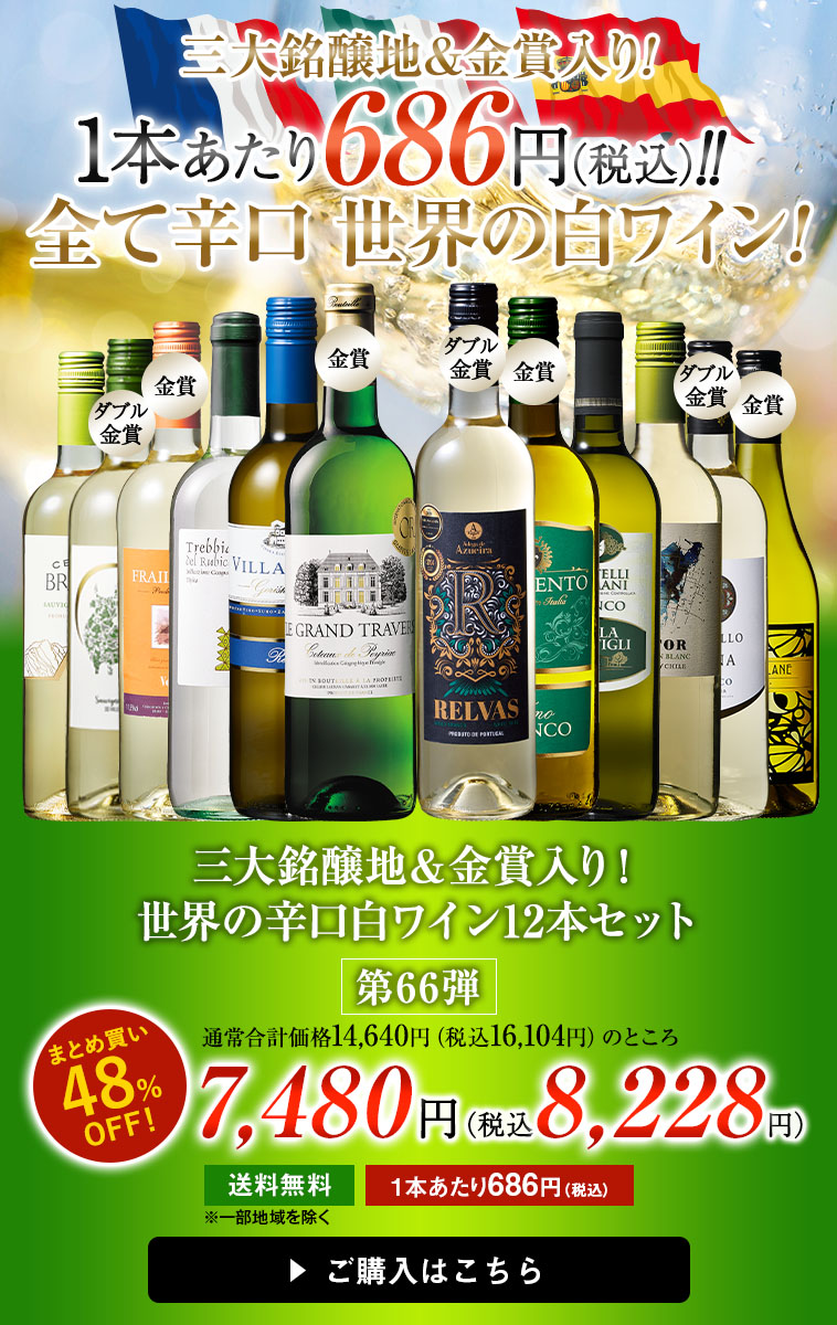三大銘醸地＆金賞入り！世界の辛口白ワイン１２本セット第66弾