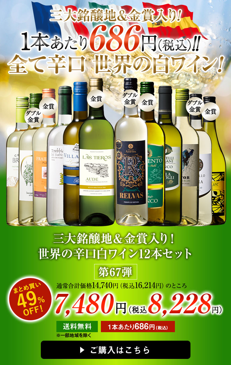 三大銘醸地＆金賞入り！世界の辛口白ワイン１２本セット第67弾