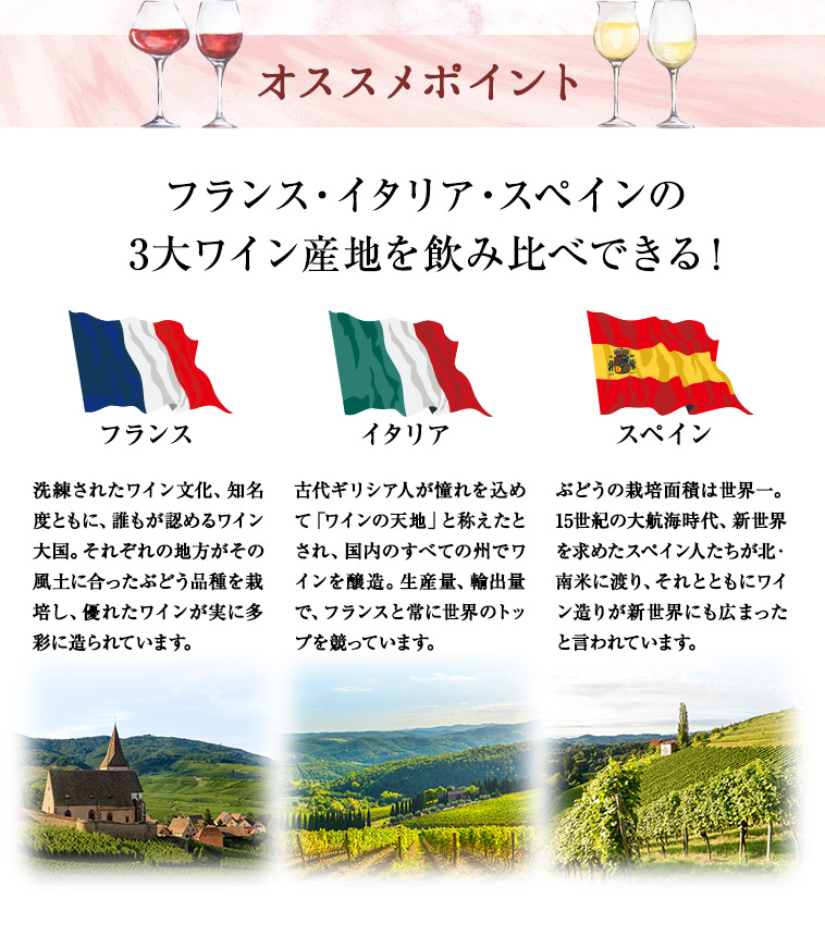 オススメポイントフランス・イタリア・スペインの 3大ワイン産地を飲み比べできる！