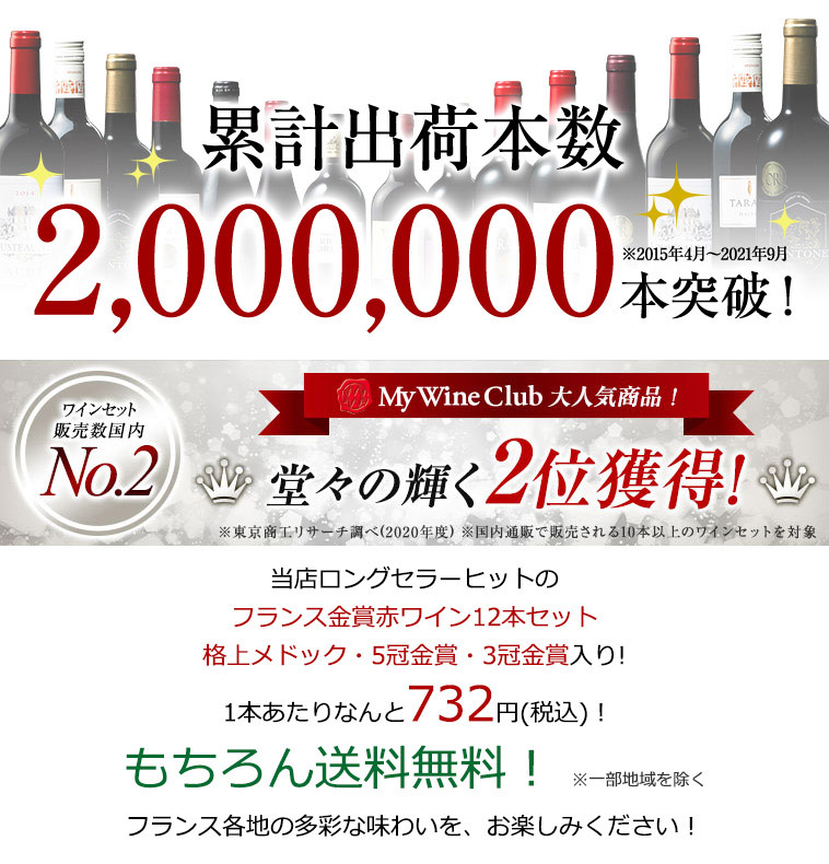 累計出荷本数2,000,000本突破！当店ロングセラーヒットのフランス金賞赤ワイン12本セット格上メドック・５冠金賞入り!1本あたりなんと732円(税込)！もちろん送料無料！ ※一部地域を除く　フランス各地の多彩な味わいを、お楽しみください！