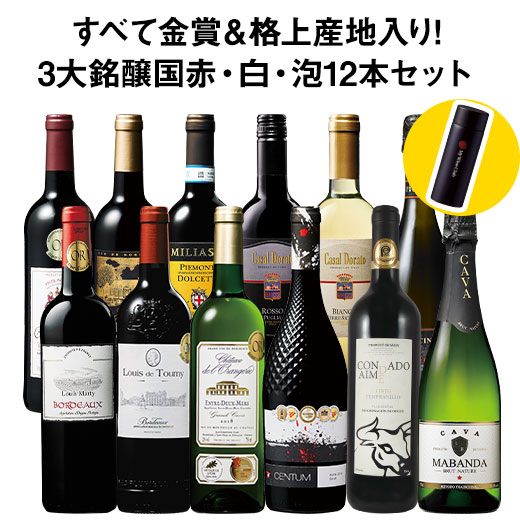 ワイン ワインセット ポケットボトル付き!3大銘醸国赤白泡12本セット 送料無料｜mywine