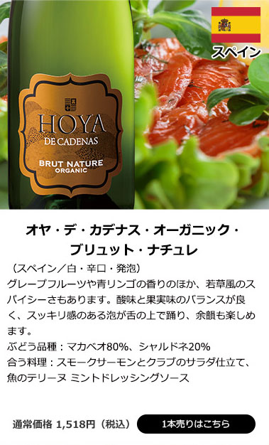 オヤ・デ・カデナス・オーガニック・ブリュット・ナチュレ（スペイン／白・辛口・発泡）