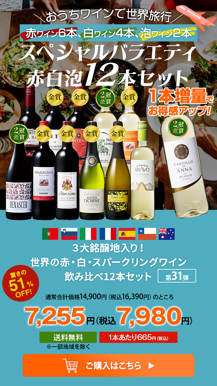 ３大銘醸地入り！世界の赤・白・スパークリングワイン飲み比べ12本セット 第31弾