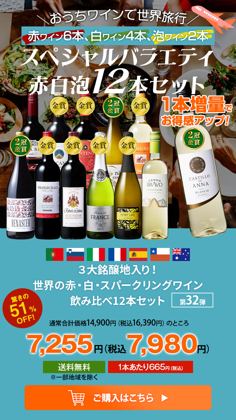 ３大銘醸地入り！世界の赤・白・スパークリングワイン飲み比べ12本セット 第32弾