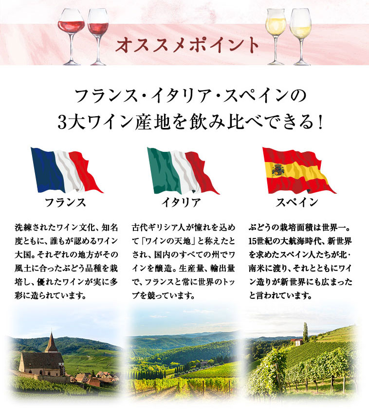 オススメポイントフランス・イタリア・スペインの 3大ワイン産地を飲み比べできる！