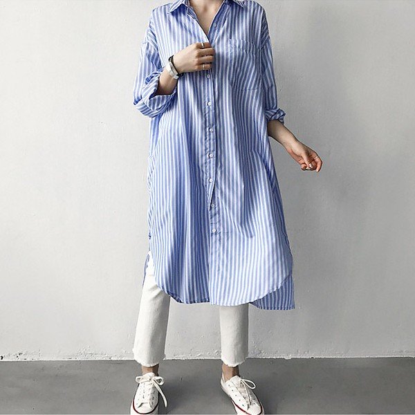 ロングシャツワンピース トップス ワンピース ストライプ 長袖