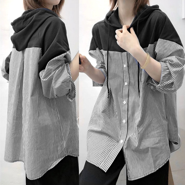 カットソー Tシャツ ストライプ切り替え カットソー 長袖 パーカー レディース 体型カバー ゆったり おしゃれ 可愛い カットソー 切り替え トップス レディース パーカー シャツ