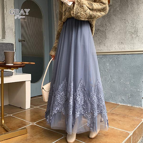 大きいサイズ レディース リボン刺繍チュールフレアスカート