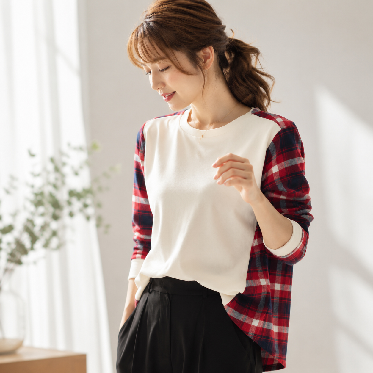 長袖カットソー チェック柄 トップス 売り尽くしSALE☆半額お得】チェック柄 切り替え カットソー