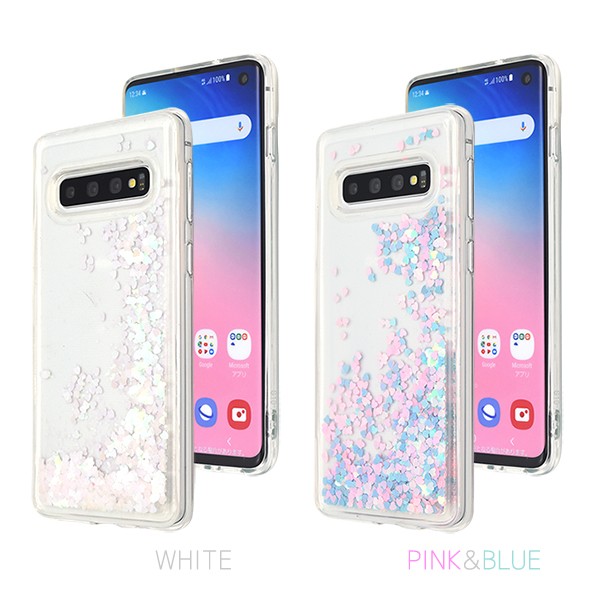 Galaxy S10 ケース カバー グリッター 流れる ハートラメ ギャラクシー