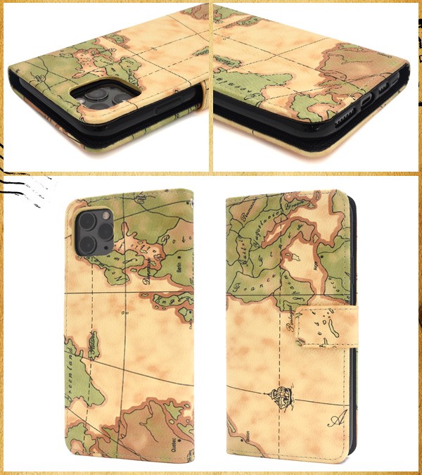 PLATA iPhone11 Pro Max ケース 手帳型 レトロ世界地図柄 合皮
