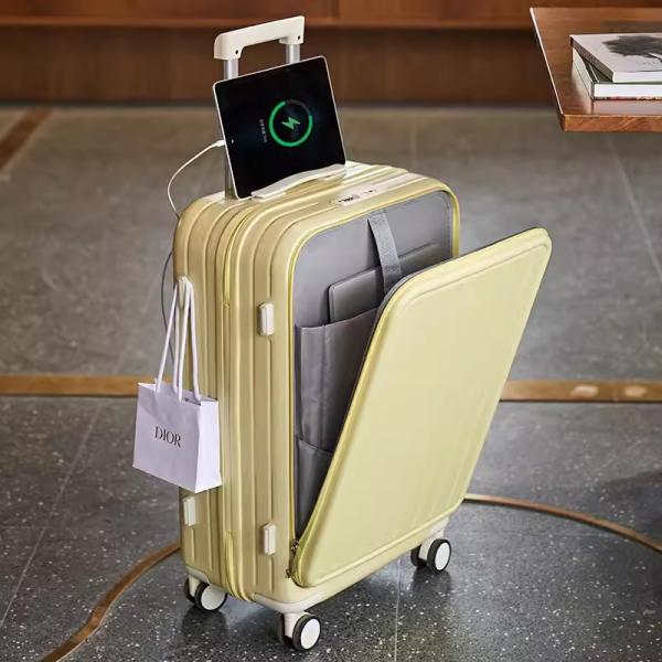 スーツケース フロントオープン 前開き・USBポート付き mサイズ キャリーケース 軽量 大容量 か...