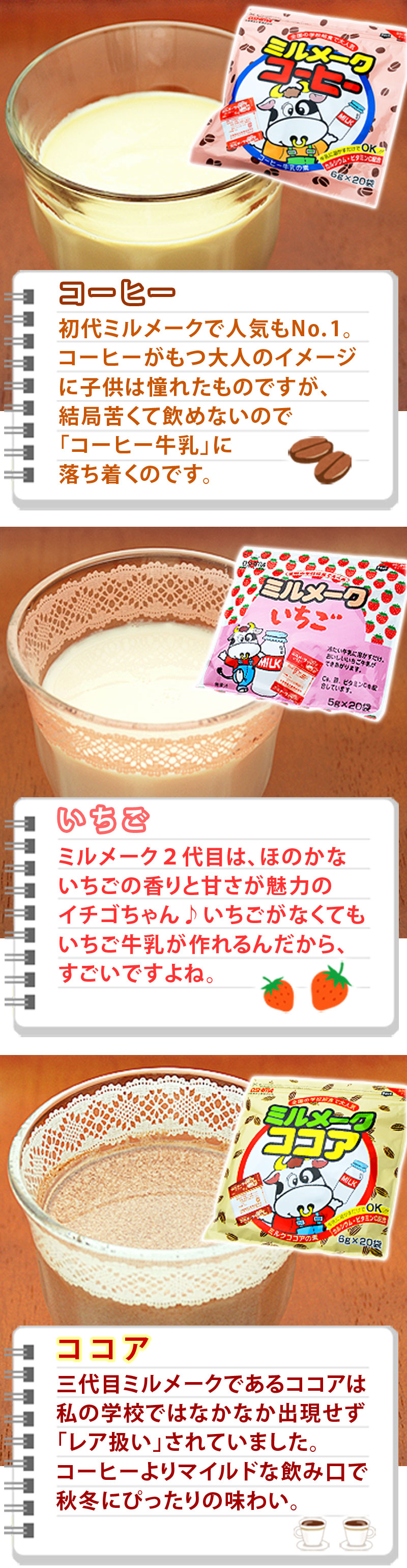 【ミルメークコーヒー】初代ミルメークで人気もＮｏ．１。コーヒーがもつ大人のイメージに子供は憧れたものですが、結局苦くて飲めないので「コーヒー牛乳」に落ち着くのです。【いちご】ミルメーク２代目は、ほのかないちごの香りと甘さが魅力のイチゴちゃん♪女子に大人気！…だった気が。いちごがなくてもいちご牛乳が作れるんだから、すごいです。【ココア】三代目 J Soul…ゴホンッ、違うか。三代目ミルメークであるココアは、私の学校ではなかなか出現せず「レア扱い」されていました。コーヒーよりマイルドな飲み口。