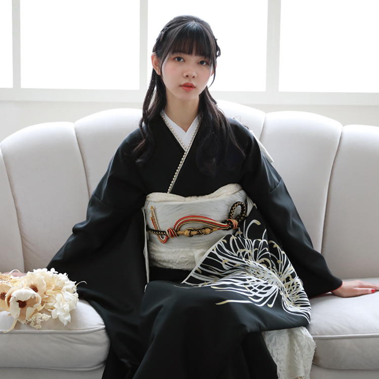 黒地モノトーン 乱菊と薔薇のシックな振袖フルセット