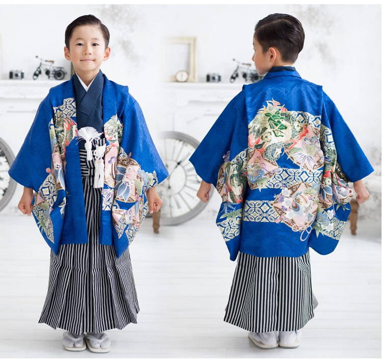 七五三着物レンタル 七五三 5歳 男の子用 羽織袴13点セット「青地に龍と宝」