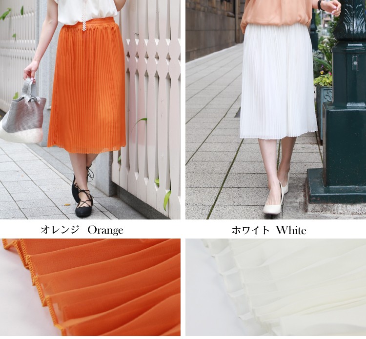 ウエストゴムシフォンプリーツスカート 膝丈 : なでしこ - 通販