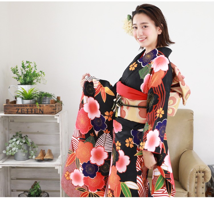 良好■エンジ振袖6点セット帯新品帯締め帯揚げフルセット成人式CK41 絵羽柄 振袖6点セット 販売 購入「黒地に波とレトロ桜」振袖 セット