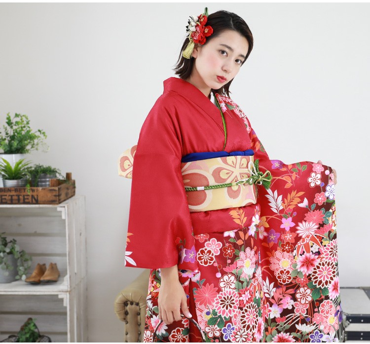 【全品送料無料】 絵羽柄 購入「赤ピンク地に菊と菖蒲」振袖 販売 振袖6点セット 着物・浴衣