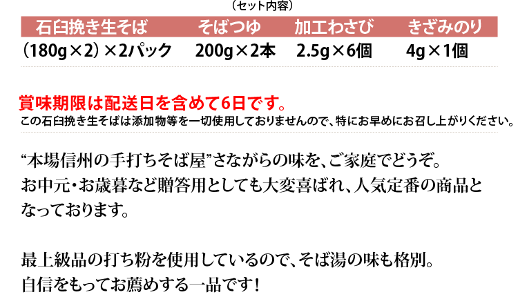 [セット内容]■石臼挽き生そば（180g×2）×2パック■そばつゆ200g×2本■加工わさび2.5g×6個■きざみのり4g×1個 賞味期限は配送日を含めて6日です。 お中元・お歳暮など贈答用としても大変喜ばれ、人気定番の商品となっております。