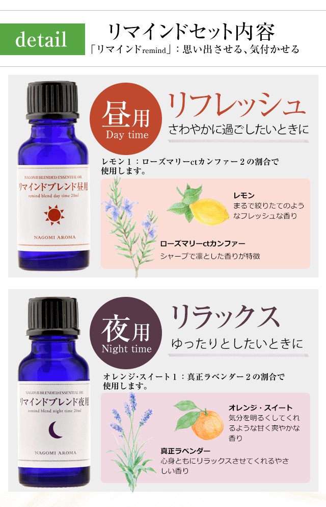 ブレンドオイル リマインドセット 夜用 20ml 大容量 アロマ 精油 エッセンシャルオイル ラベンダー オレンジスイート｜nagomiaroma｜05