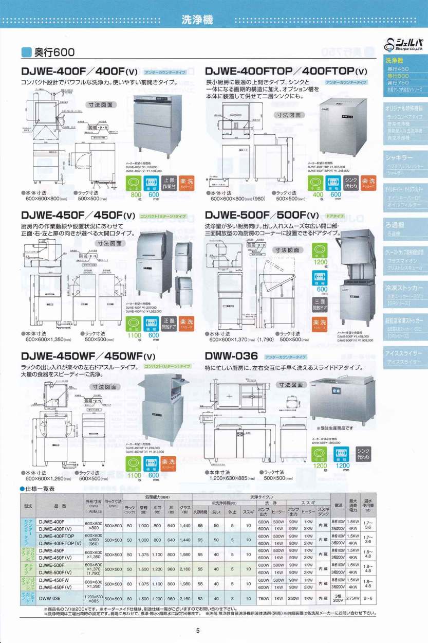 業務用フルオート食器洗浄機 シェルパ DJWE-450WF ドア両面開き 単相100V 5年保証加入で専用洗剤10LＸ1本プレゼント