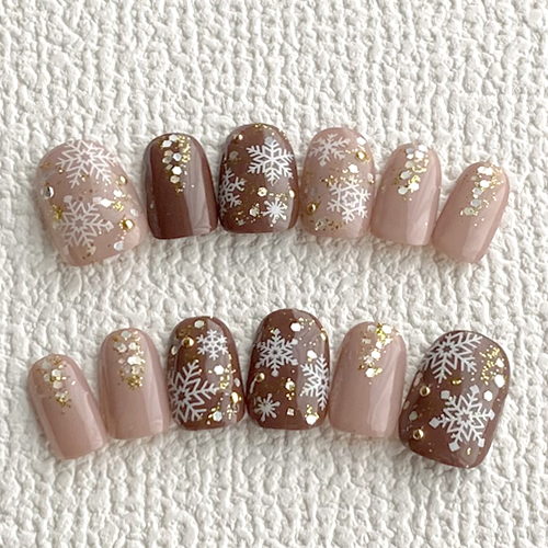 ネイルチップ ショート ジェル 雪の結晶 ベージュ ブラウン ホログラム