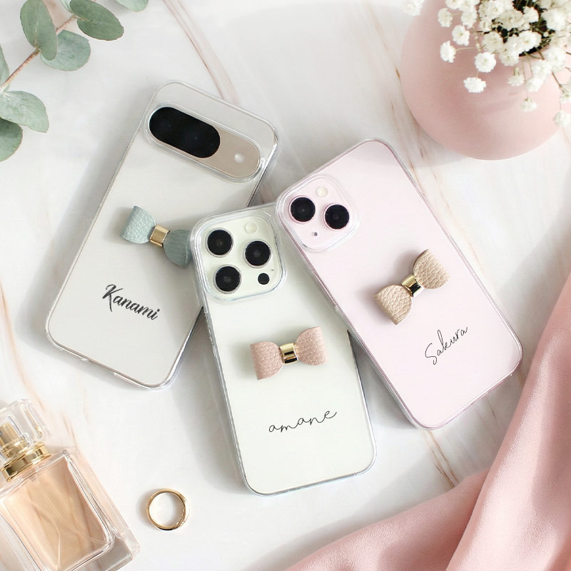 スマホケース ハード 全機種対応( クリアケース×立体リボン×名 スマホケース ハード 全機種対応( クリアケース×立体リボン×名