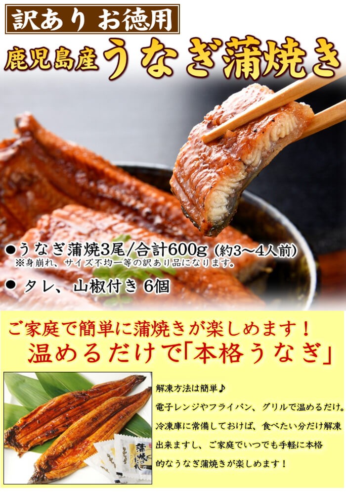 ウナギ 正規店 蒲焼き 国産 鹿児島県産 訳あり 3尾 合計600g うなぎ Unagi600g 真空包装 お中元 有頭 送料無料 ひつまぶし グルメ ギフト