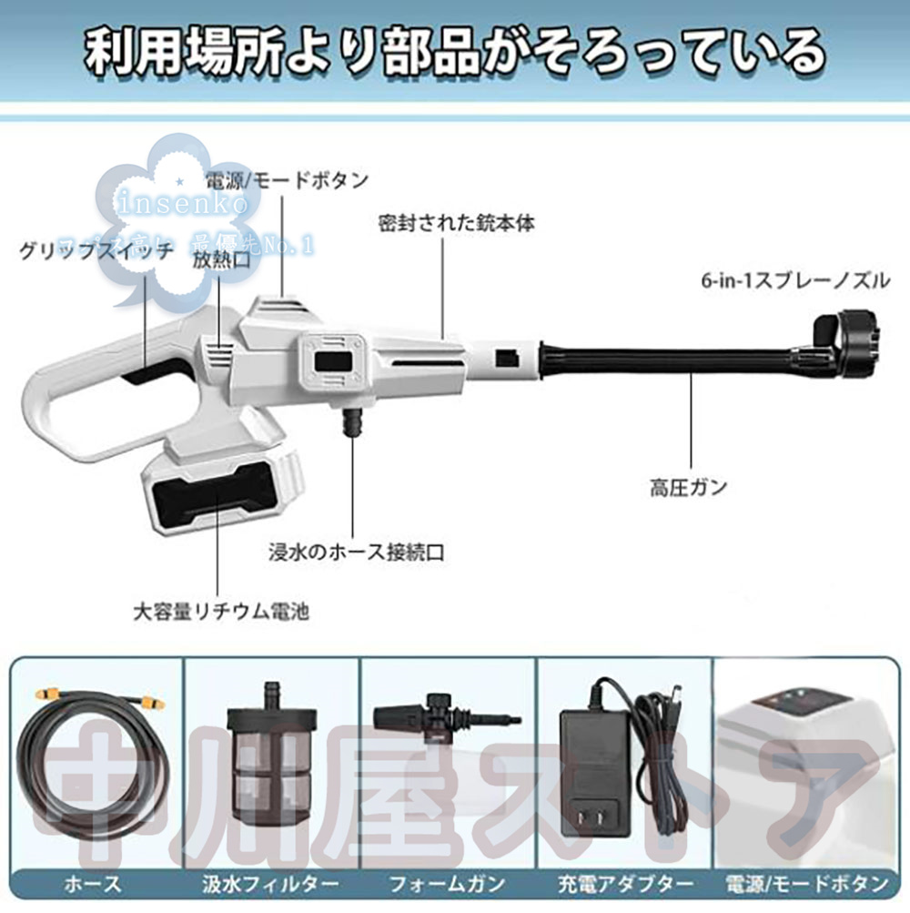 送料無料】高圧洗浄機 充電式 コードレス 5.0MPa 18ｖバッテリー