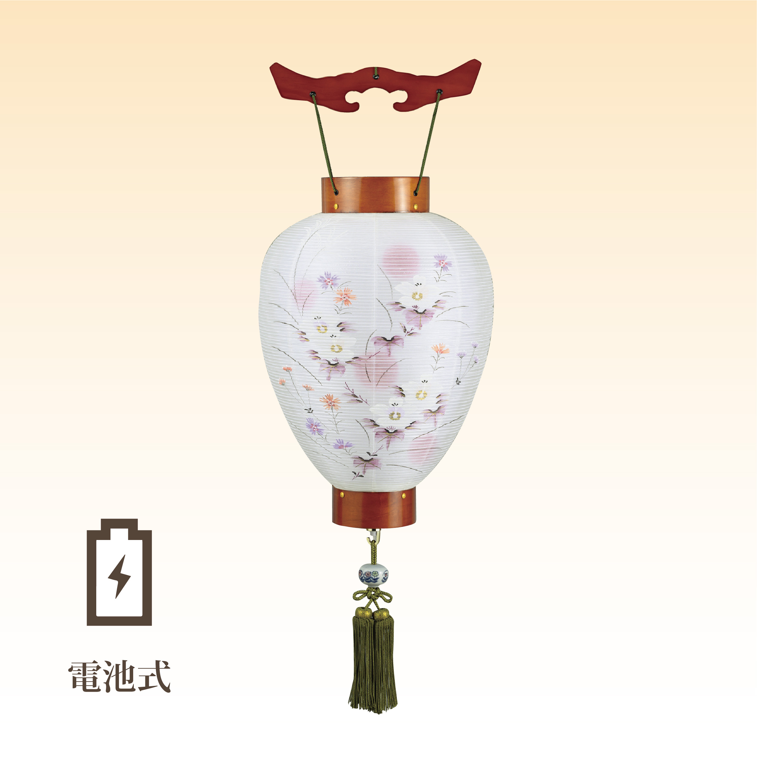 盆提灯 盆ちょうちん 初盆 吊り けやき色 房緑 コードレス オリジナル