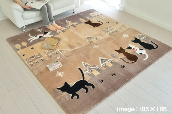 ラグ マット ホットカーペット 対応 ネコ柄 185x185 スリーキャット