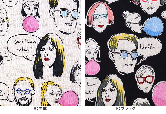 ファニーフェイス 綿麻シーチング 人物柄 顔イラスト ペン画風