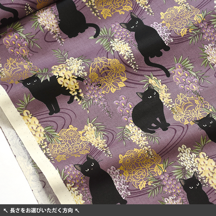 百華繚蘭 黒猫と藤の花 シーチング チンツ加工 黒猫 猫 ネコ 和