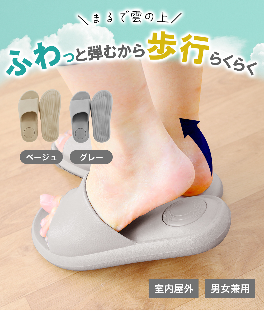 衝撃吸収 サンダル スリッパ 軽量 高反発 歩行補助 サポート 弾むかかとサンダル グレー ベージュ 跳ね返す 踏み出し 歩きやすい ルームシューズ 屋内 屋外 男性 女性