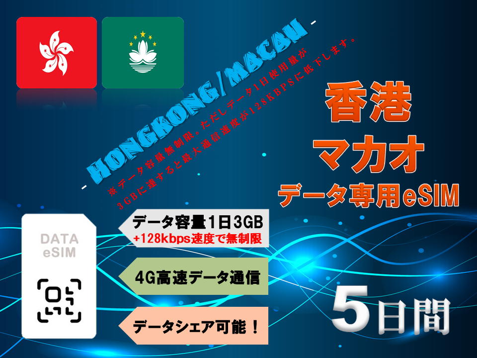 香港/マカオ eSIM プリペイドSIM SIMカード 1日3GB利用 5日間 4G LTE 