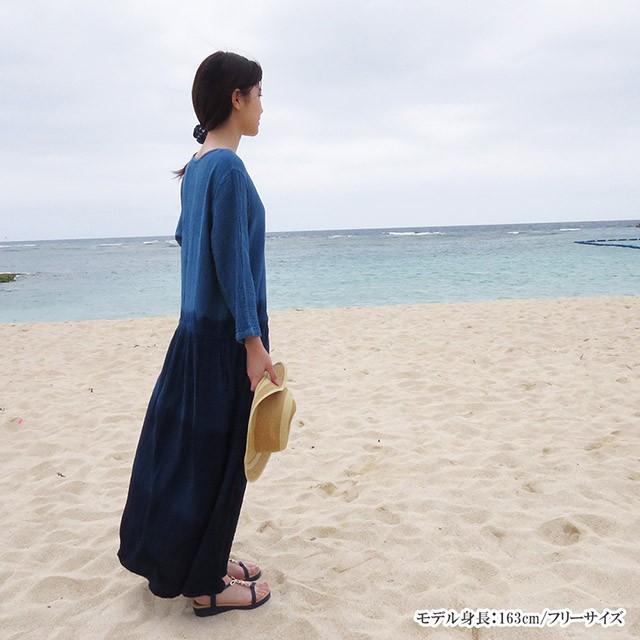 藍染め　矢絣生地　ワンピース　七分袖　未使用 ワンピース [彩藍 ヨーク七分袖] 薄小絣調 黒 綿100％