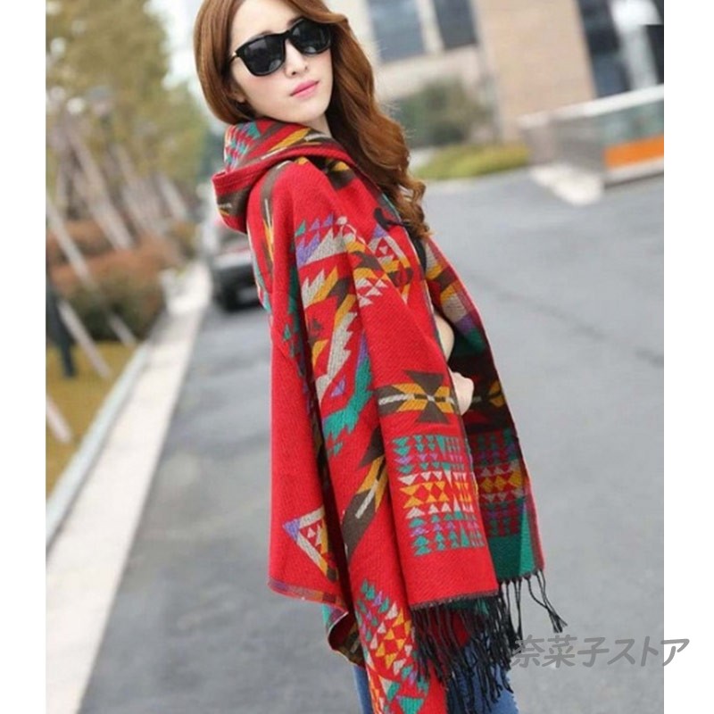 プチプラポンチョ ストール 大判 マント フード付き オルテガ柄  