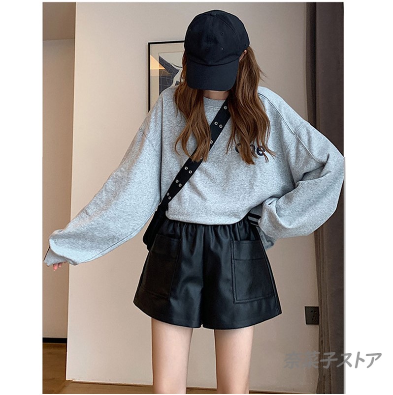 プチプラレザーパンツ レディース 裏起毛 ハーフパンツ ワイド