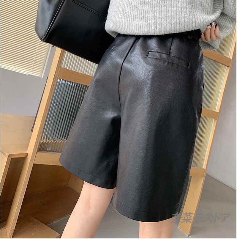 プチプラレザーパンツ レディース 5分丈 ハーフパンツ ワイド