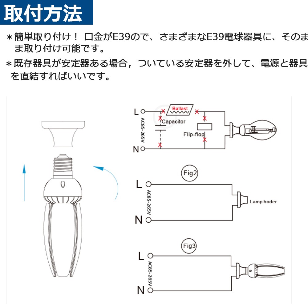 水銀灯からLEDへ交換 水銀灯400W相当 E39LEDランプ 水銀灯LED化 水銀灯