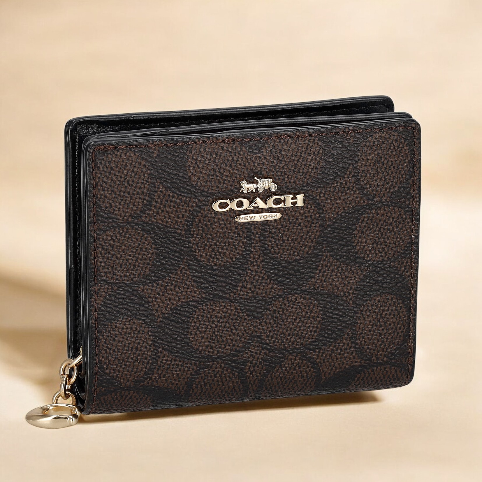 【美品】COACH 二つ折り財布 ブラウン デニム コーチ COACH 折財布 二つ折り シグネチャー （カーキ×ライト