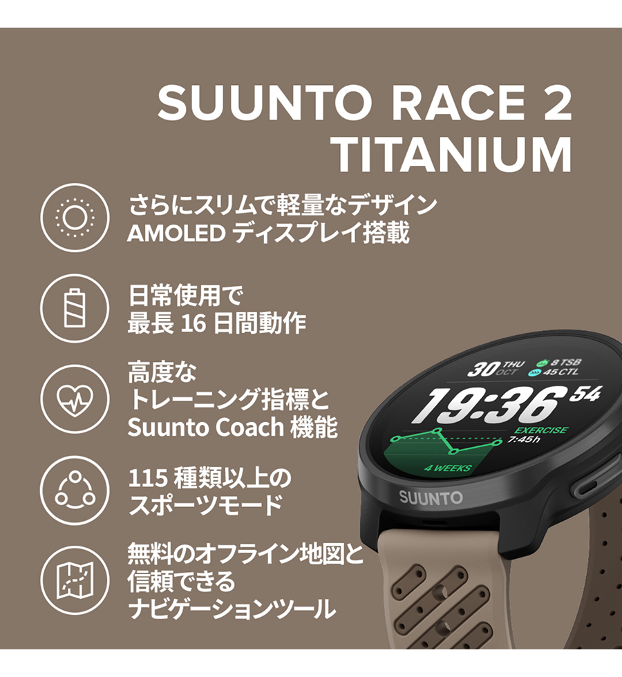 【新品】スント SUUNTO 腕時計 ユニセックス SS051203000 レース 2 チタニウム RACE 2 TITANIUM 充電式クォーツ ブラックxカーキブラウン デジタル表示 SUUNTO（スント） レース 2 チタニウム 充電式クォーツ スマート
