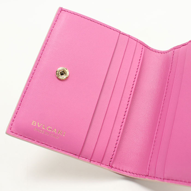 BVLGARI ブルガリ ピンクレザー三つ折り財布　裏地赤　箱・品質証明書付き BVLGARI ブルガリ ピンクレザー三つ折り財布 裏地赤 箱・品質証明書