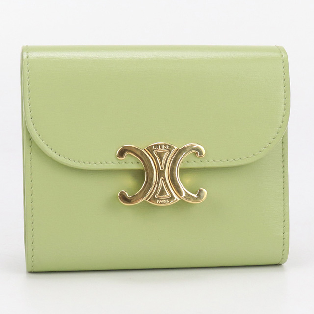 美品CELINE セリーヌ トリフォールドウォレット 三つ折り財布　レザー　緑 CELINE(セリーヌ) トリフォールドウォレット U-AT-0179 グリーン