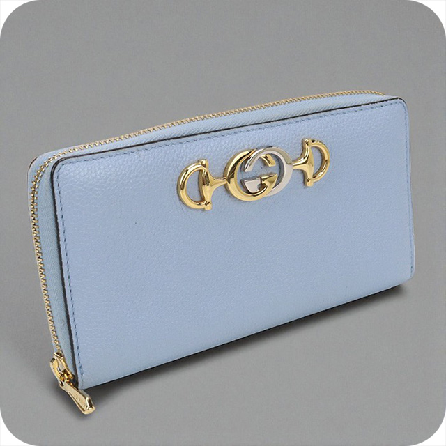 GUCCI 長財布ラウンドファスナー 570661 【ランク：A】 GUCCI グッチ ラウンドファスナー 長財布 ライトブルー ゴールド