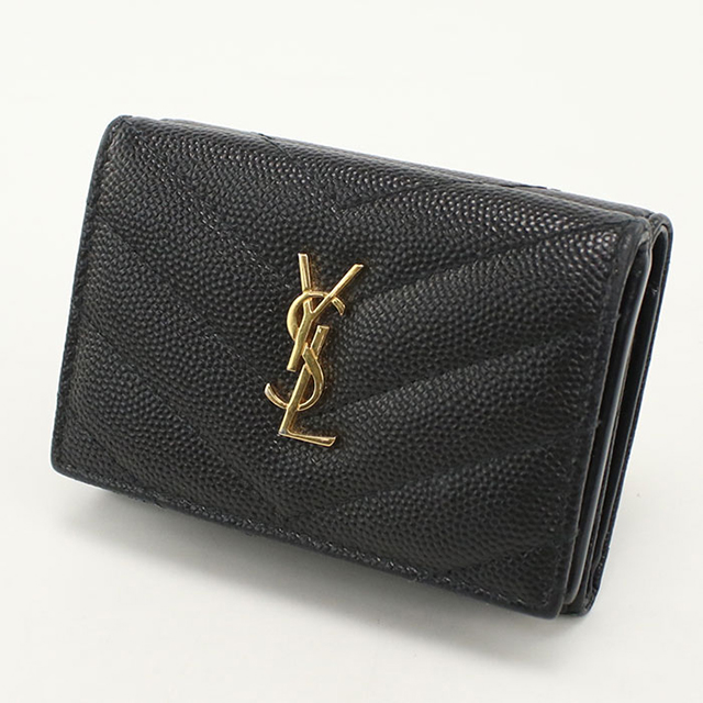 【現行／美品】サンローラン 三つ折財布 オリガミ タイニー YSLロゴ／黒B SAINT LAURENT 中古 サンローラン 三つ折り財布 コンパクト 三折財布